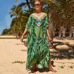 2024 Boho bãi biển Bìa up Rắn Lục in ấn bãi biển Áo kaftan Áo de plage quá khổ kỳ nghỉ Đầm dài đồ bơi