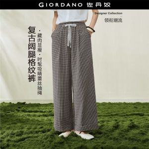 Giordano Women Checked lace drawstring elastic waist woven wide-leg long pants. - High Quality Free Shipping 18416306