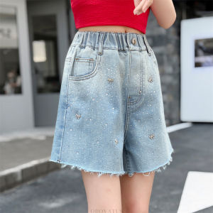 New Trend Kids Girls Streetwear Crystal Denim Shorts with Bows Children Fashion Summer Mini Denim Shorts with Rhinestones 5-14 Y h260702