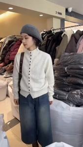 Women Stand Collar Button Down Knit Cardigan Sweater Korean Style Casual Knitwear Solid Color Soft Knitted Top For Autumn Winter