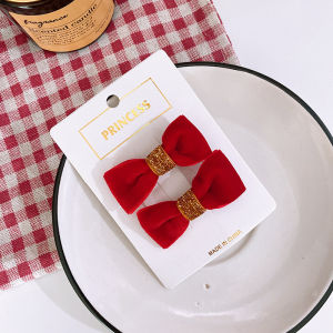 Kids Sweet All-match Bright Red Hair Clips New Year Festive Cloth Childrens Bow Princess Hairpin Hair Accessorie For Girl