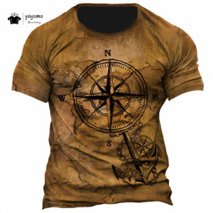 Retro Mens T-Shirt 3D Compass Print Short-Sleeved T-Shirt Summer Street Trend Tops Mens Oversized Comfortable Casual Clothing