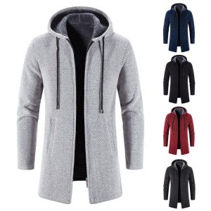 Mens Long Cardigan Hooded Sweater Autumn Winter Trench Coat Thick Warm Jumper Fashion Solid Red Male Knit Sweaters Jacket