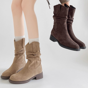 รองเท้าบูทแฟชั่นสำหรับผู้หญิง รองเท้าบูทหุ้มข้อปลายแหลม วัสดุหนังกลับ สไตล์ย้อนยุค ไซส์ 35-40