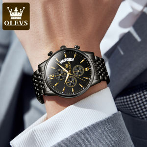 【Hot Sales】OLEVS Gold Watch For Men Water Proof Original Product 2022 Fashion Luxury Calendar Luminous Multifunctional Mens Stainless Steel Quartz Watch Gold/Black