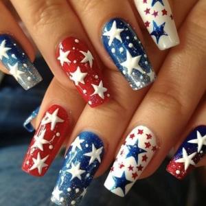 Independence Day French Tip Press on Nail Long Coffin Fake Nail Glues on Nail Artificial False Nail for Nail Decors