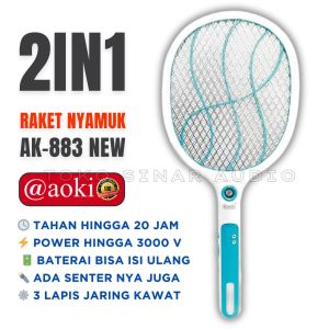 Raket Nyamuk Charger Ori Dengan Lampu Senter LED AOKI AK-883 New Raket Nyamuk Aoki Star Rechargeable Terbaru Baterai Cas Lithium Awet Efektif Dan Praktis - TOKO SINAR AUDIO