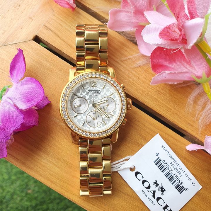 Authentic Coach Legacy Sport Chronograph Watch with Crystal Glitz Bezel White Dial Gold Tone Stainless Steel Ladies Watch Lazada PH