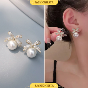 Anting-Anting Mutiara Gantung di Pita S925 Anti Karat Korea Style Fashion Aksesoris Wanita