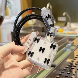 HBESTY Y2K Cute Epoxy 3D Black Bowknot Pearl Charger Case For IPhone 11 12 13 14 15 18/20W Clear Charge Protection Cover Charger Sleeve