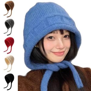 MKEB อบอุ่น หมวกถักสายรัด นุ่มนวล หนา หมวกขนสัตว์ แฟชั่นผู้หญิง ผูกถัก หมวกหิมะ ฤดูใบไม้ร่วง