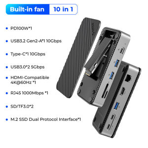 ORICO Docking Station with M.2 SSD Enclosure USB C 10Gbps PD 100W RJ45 SD/TF 4K 10 in 1 Dock Station for Laptop Macbook Pro