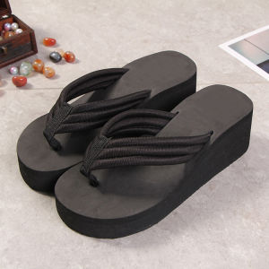 WomenS Summer Best-Selling Platform Heel Solid Color Thick-Soled Flip-Flops Black Casual Trendy Simple Flip-Flops