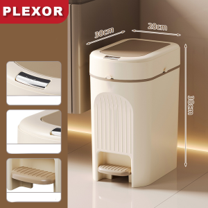 Plexor 12L Small Bathroom Trash Can with Lid Press-Top Lid & Foot Pedal 2-in-1 Garbage Can Plastic Wastebasket Soft Close Dog proof Slim Step-On Trash Bin for Kitchen Office Bedroom Dorm-White-10L