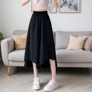 Womens Ice Silk Skirt Pants Summer Solid Color New Elastic High Waist Look Slim Fashion Loose Casual A-line Pants