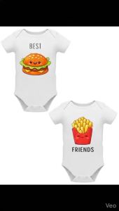 Kit 2 Baby Bodysuits Best Friends Burger Potato Twins Comic Size P M L XL