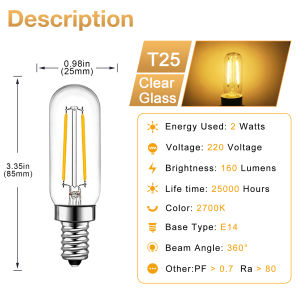 E14 Edison LED Light Bulbs 2W 4W Tubular Small Filament Bulbs Vintage T25 2700K Warm White Candelabra Bulb Dimmable Energy Saving Night Bulb for House