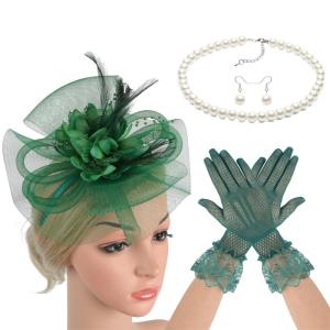 Lace Flower Fascinator Hat Hairband Necklace Gloves for Cocktails Event Dressingup Roleplay Flapper Costume Accessories