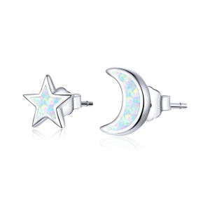 BAMOER Open Moon and Star Stud Earrings for Women 100% Real 925 Sterling Silver Wedding Engagement Statement Jewelry SCE875
