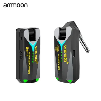 ammoon 5.8G Wireless Guitar System Sound Transmitter Receiver Studio Sound 50m Range 5.5ms Low Latency Rechargeable 210 Degree Rotatable Connector for Guitar Bass Keyboard