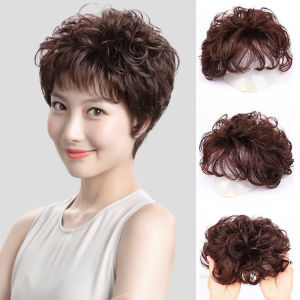 Wig girl middle-aged and elderly mother wig piece headgear simulated hair covering white hair short curl reissue block realistic cover top of head
