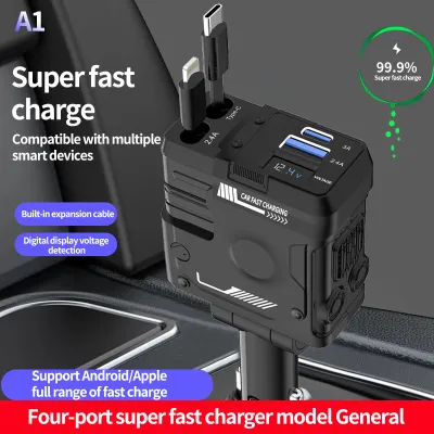 Charger Mobil Cepat 3.1A Ganda USB Tampilan 12-24V Dukunngan 120W Dengan Kabel Pengisian iPhone Type-C Charger Mobil Fast Charging