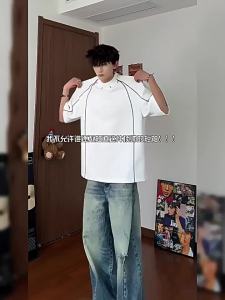 白色重磅硬挺t恤男生夏季ootd穿搭潮牌短袖解构拼接设计感七分袖