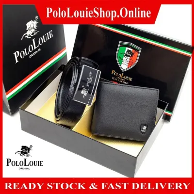 [Gift Box] Original Polo Louie Mens Elegant Gift Set Genuine Cow Leather Bifold Wallet Auto Gear Buckle Belt Gift Bag