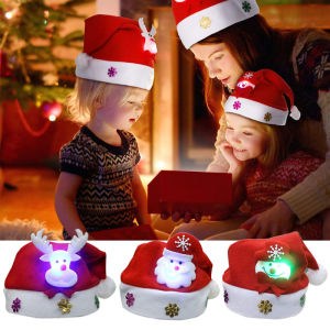 Merry Christmas Adult Kid LED Light Up Cap Santa Claus Snowman Elk Children Hat Xmas Gift