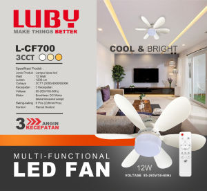 Lampu Kipas LED 15W LUBY L-CF701 Bohlam Multi-Functional LED FAN 3 Warna Cahaya Free Remote 3 Speed
