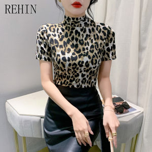 REHIN Autumn new leopard print cotton short sleeve T-shirt niche Korean stylish half-sleeve slim unique pattern women blouse