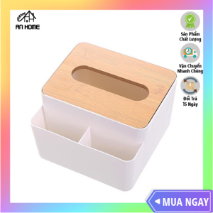 Hộp Đựng Giấy Ăn Để Bàn Nắp Gỗ Có Ngăn Để Đồ Đa Năng ANHOME- Hộp Khăn Giấy Nắp Gỗ Kèm Khay Để Đồ Tiện Dụng
