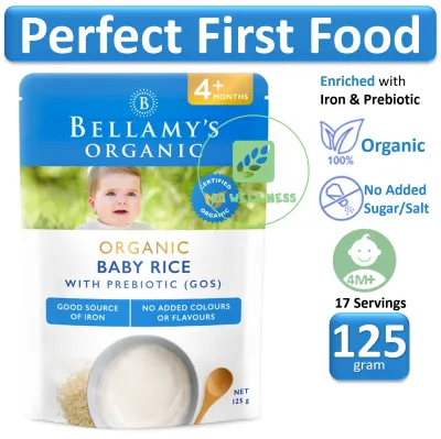 Bellamys Organic Baby Rice with Prebiotic 125g 4 Months Above First Food Iron GOS Enriched Cereal Rice Flakes