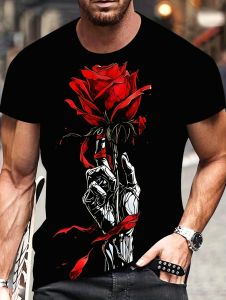 Novel Handheld Rose 3D Print Pattern Mans Casual Short-Sleeved T-Shirt Stylish Outdoor Vacations Summer High-End Mens Clothing