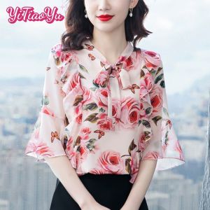 Yitiaoyu Blouse for Women V-neck Floral Blouse Fashion Chiffon Shirt
