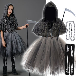 Halloween Death Dress Up Costume With Hoodies Girls Evil Role Playing Tulle Tutu Kids Carnival Party Fancy Sickle Chain Clothes
