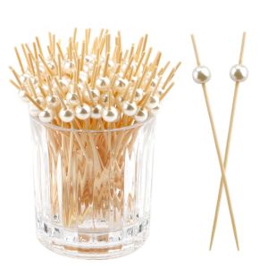 Cocktail Picks 12cm Toothpicks for Appetizers Bamboo Cocktail Sticks Skewers for Drinks Desserts Charcuterie Wedding Party Fancy Toothpicks Gold Pearl Mini Food Picks Decorative