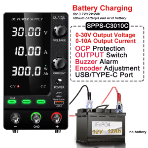 KUAIQU แหล่งจ่ายไฟ DC Power Supply Adjustable 30V 10A Mini Bench Power Supply SPPS-C3010C Short Killer for Lead acid batteries lithium battery charging 12V 24V 36V 48V 72V 100V