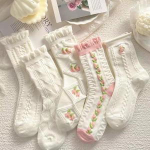 5/1 Pair Women Lolita JK  Pink Floral J White Socks Cute Japanese  Socks Lolita Tube Socks Ankle socks