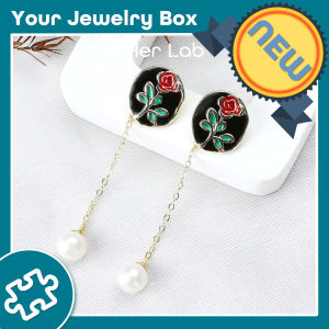 Her Lab Jewelry | Rose Enamel Freshwater Pearl Dangle Earrings - Gold-Plated Chain Design - Elegant Floral Jewelry for Women