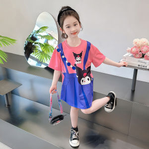 J&B 1-7 Yrs Girl Kid Cotton Kuromi Melody Short Sleeve T-Shirt Dress Faux Two-Piece Dress Baju Budak Perempuan  女童连衣裙