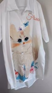 ชุดนอนลายแมวผีเสื้อน่ารัก ผ้าเนื้อดีเบาสบาย สกรีนหน้าหลังเต็มตัวเลยงาม ผ้าเนื้อดีเบาสบาย