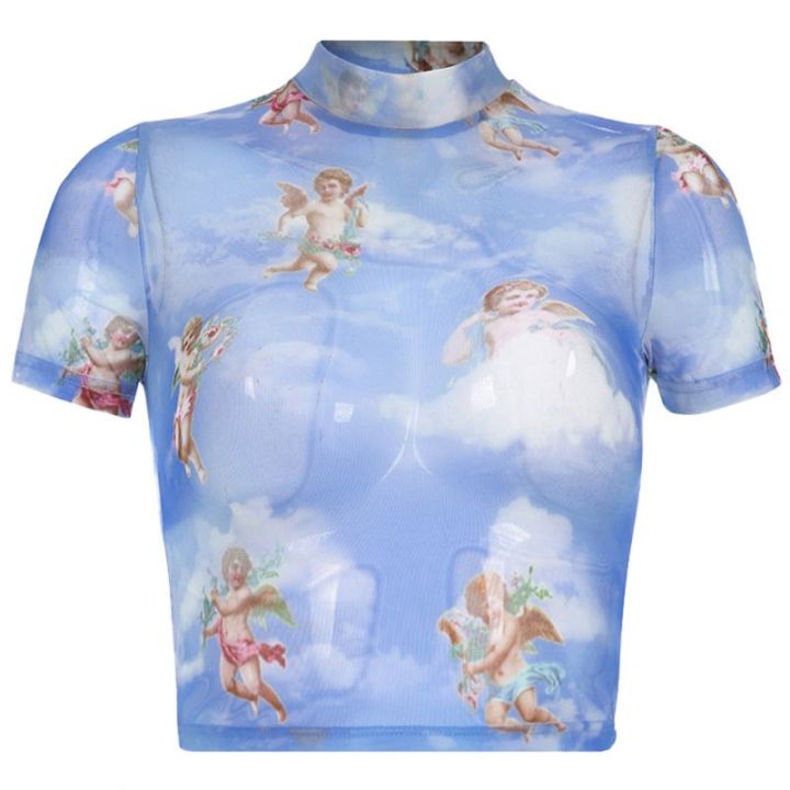 Women Short Sleeve Turtleneck Crop Top Funny Colored Angel