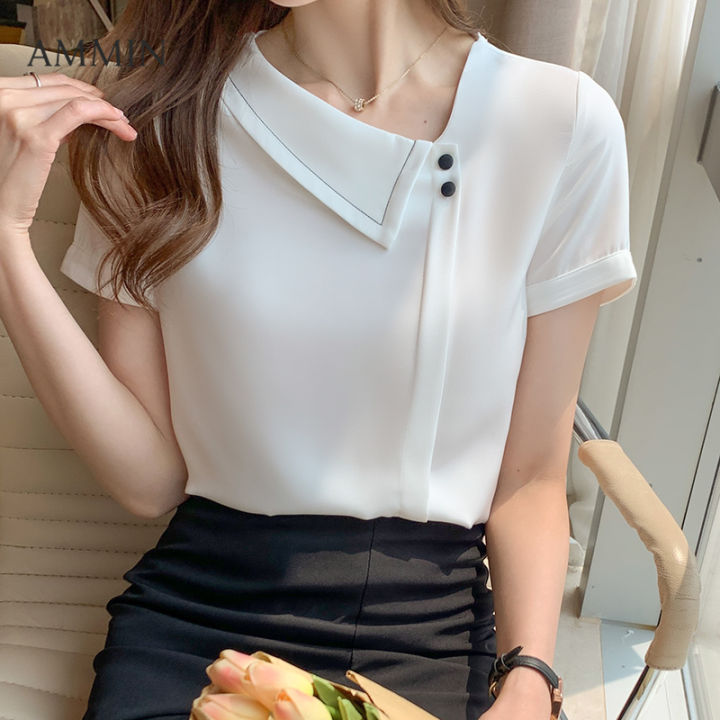 Business Casual Women Office Blouse Korean Style Short Sleeve
