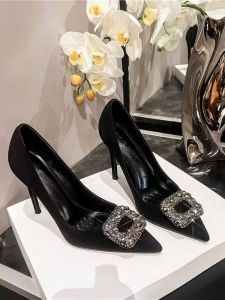 [Free Shipping] Black High Heels For Women New Spring And Autumn Styles With Thin Heels Rhinestone Embellishments And A Comfortable Non-Tiring Design.Elegant Pointed-Toe Pumps With A Square Buckle Suitable For Winter