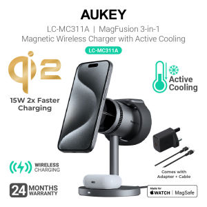 AUKEY LC-MC311A MagFusion 3-in-1 Qi2 15W Magnetic Wireless Charger MFW Certified with Active Cooling System (24 Months Warranty)
