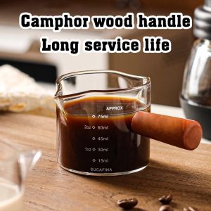 Heat-resisting Glass Espresso Measuring Cup Double Mouth Glass Milk Jug Heat-resistant Glass Measuring Cup Jigger for Espresso Coffee Ounce Cup with Wooden Handle