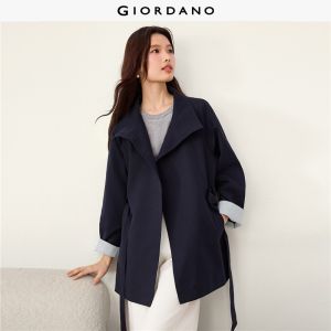 GIORDANO Women Coats Stand Collar Mid-Length Trench Coats Striped Cuff Fashionable Casual Belted Trench Coats 05376684