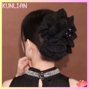 [KUNLIAN] Fashion Women Seersucker Clip Black Bowknot Hair Grab Hair Bow Shark Clip Mesh Bubble Grabber Girl Headwear