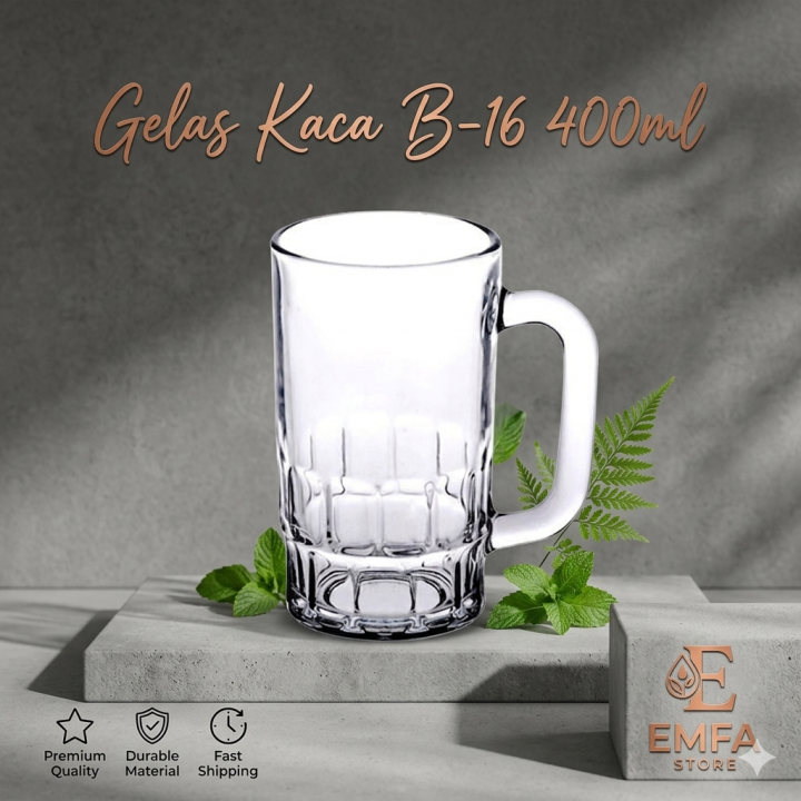 Gelas Kaca Mug B-16M 400ml | Gelas Minum Besar Tebal Elegan untuk Kopi, Teh & Susu